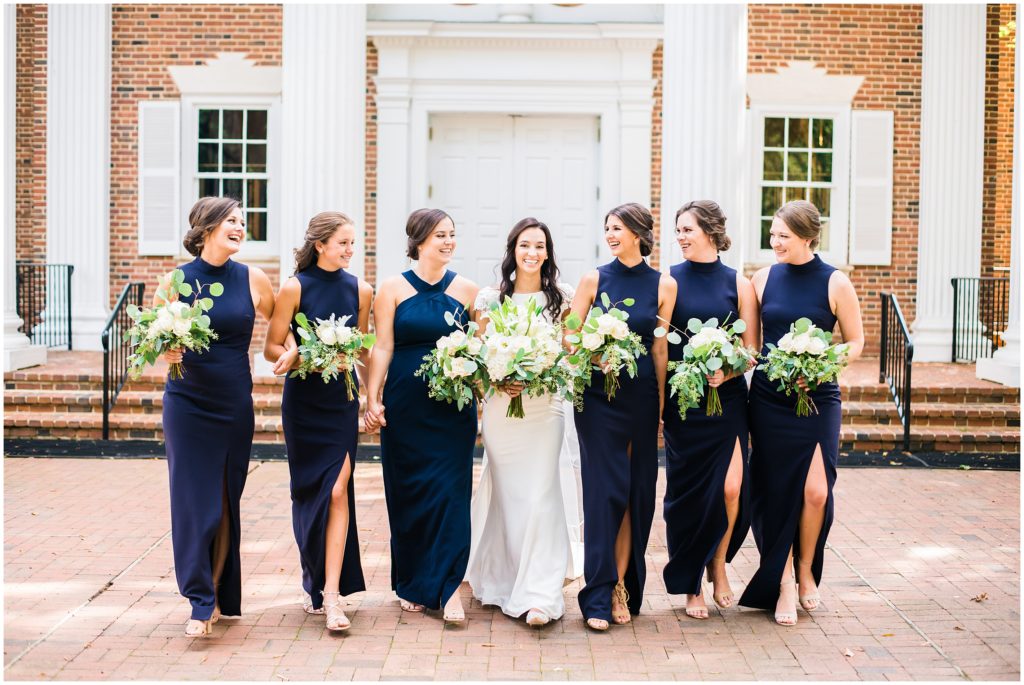 Navy Bridesmaids Dress with White Florals and Greenery