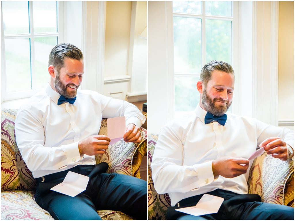 Groom opening letter from bride on wedding day