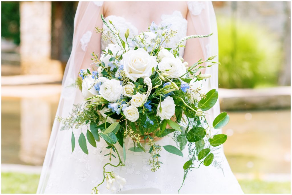 White and Greenery with a hint of blue bridal bouqet