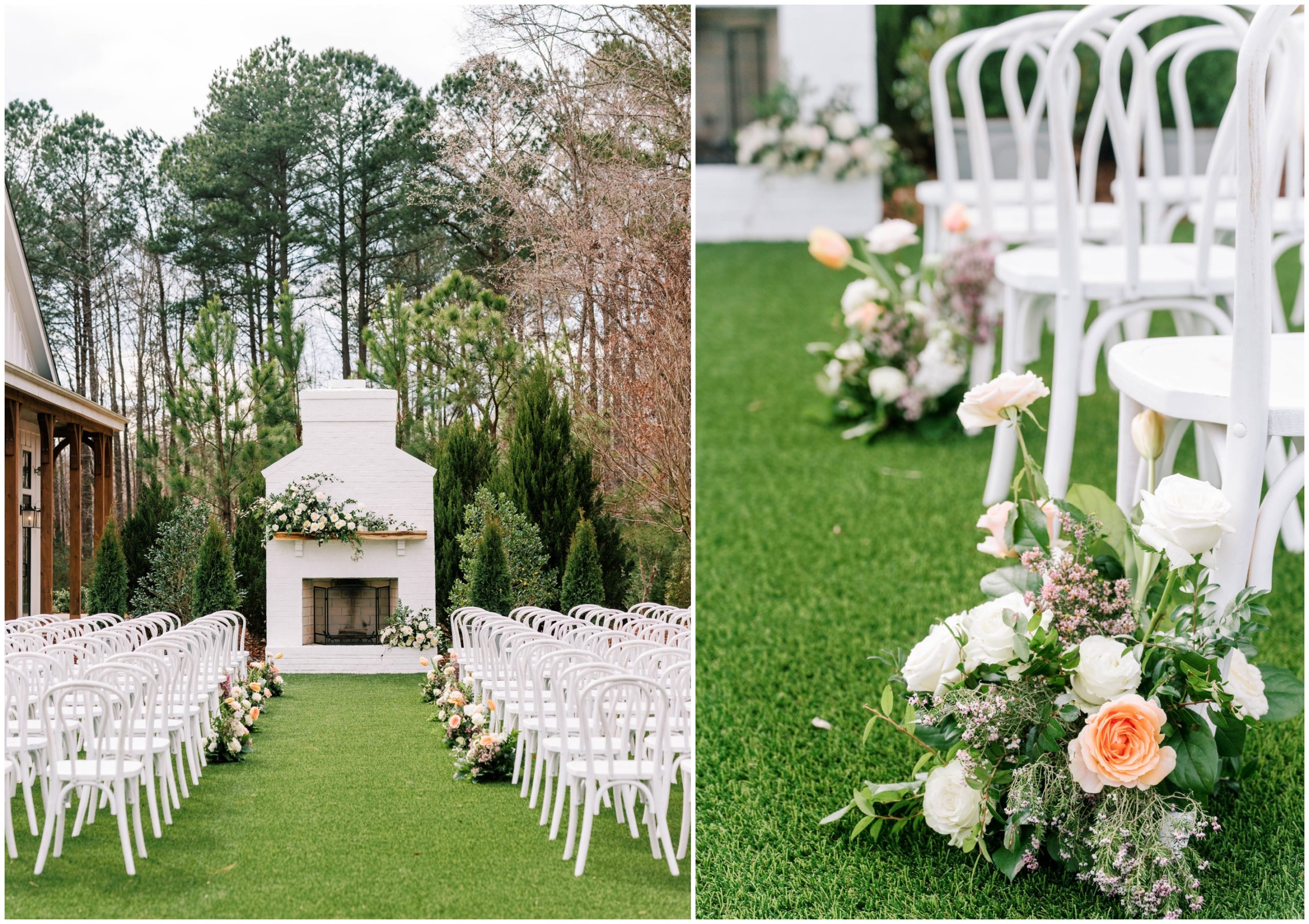 White cafe seating and white and peach florals for a spring outdoor wedding ceremony