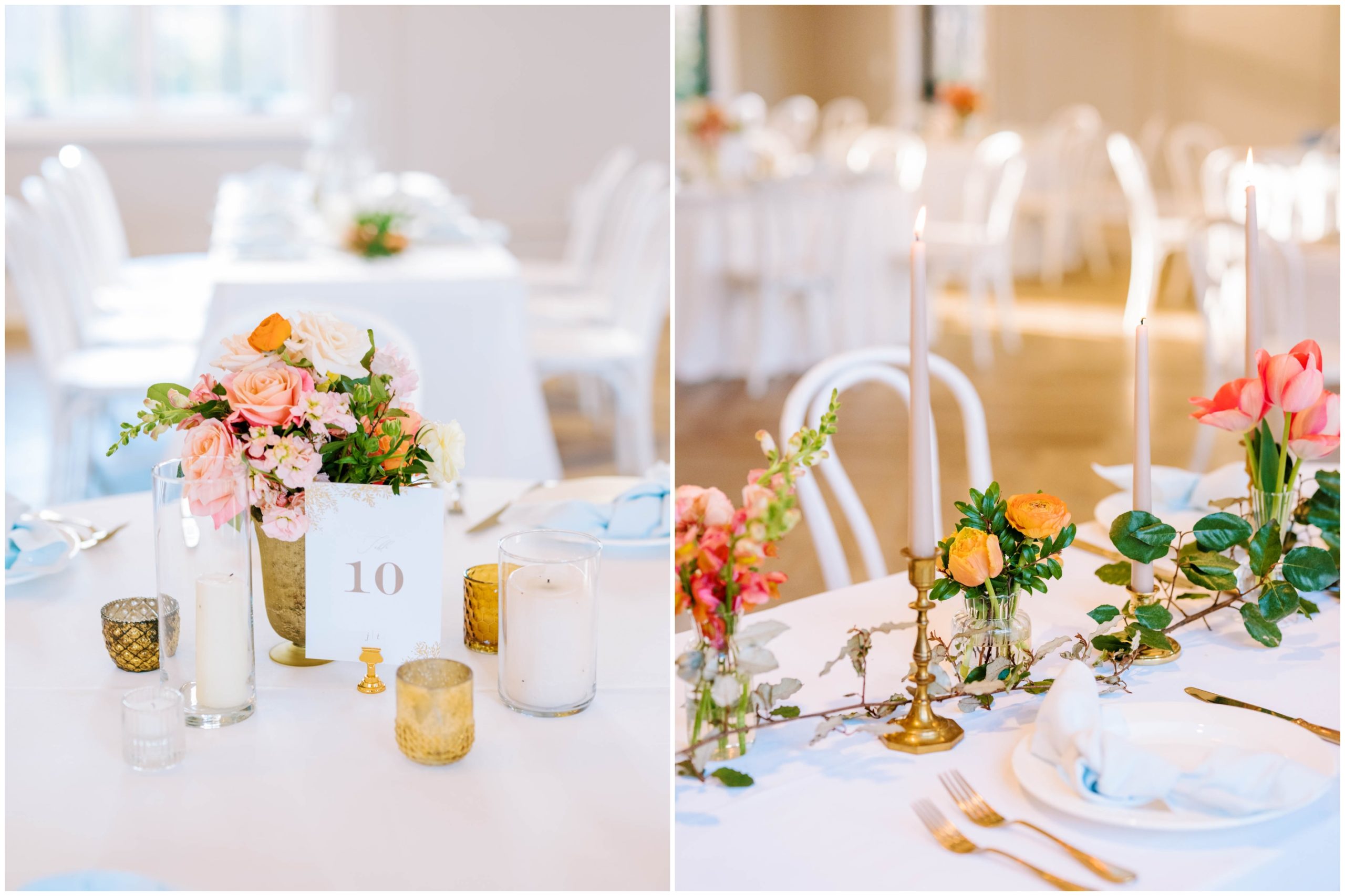 Pink taper candles and white, pink, and peach florals for a spring indoor wedding reception