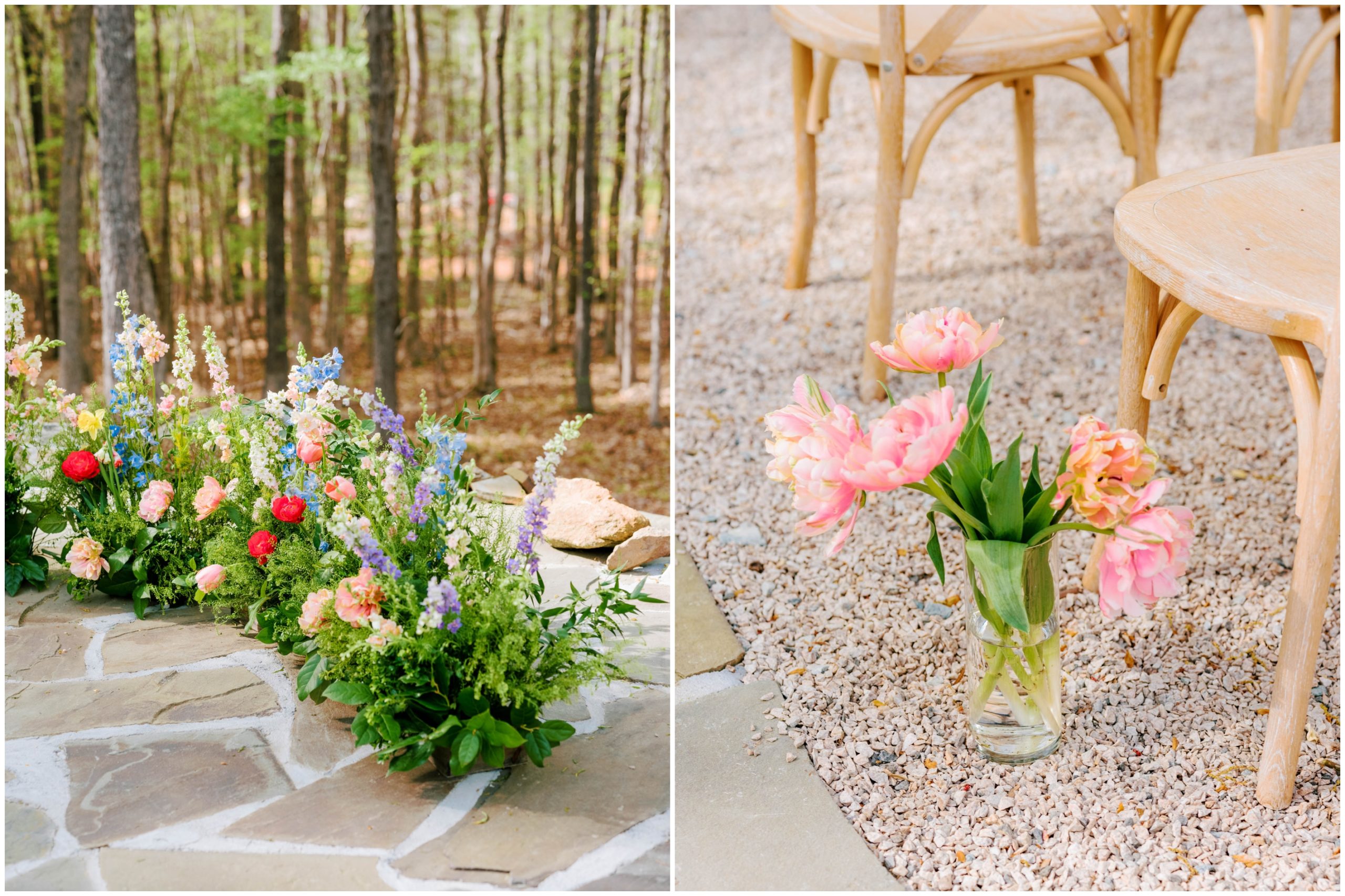 Wooden cafe chairs and pink, poppy red, periwinkle, and amber florals for a spring wedding ceremony