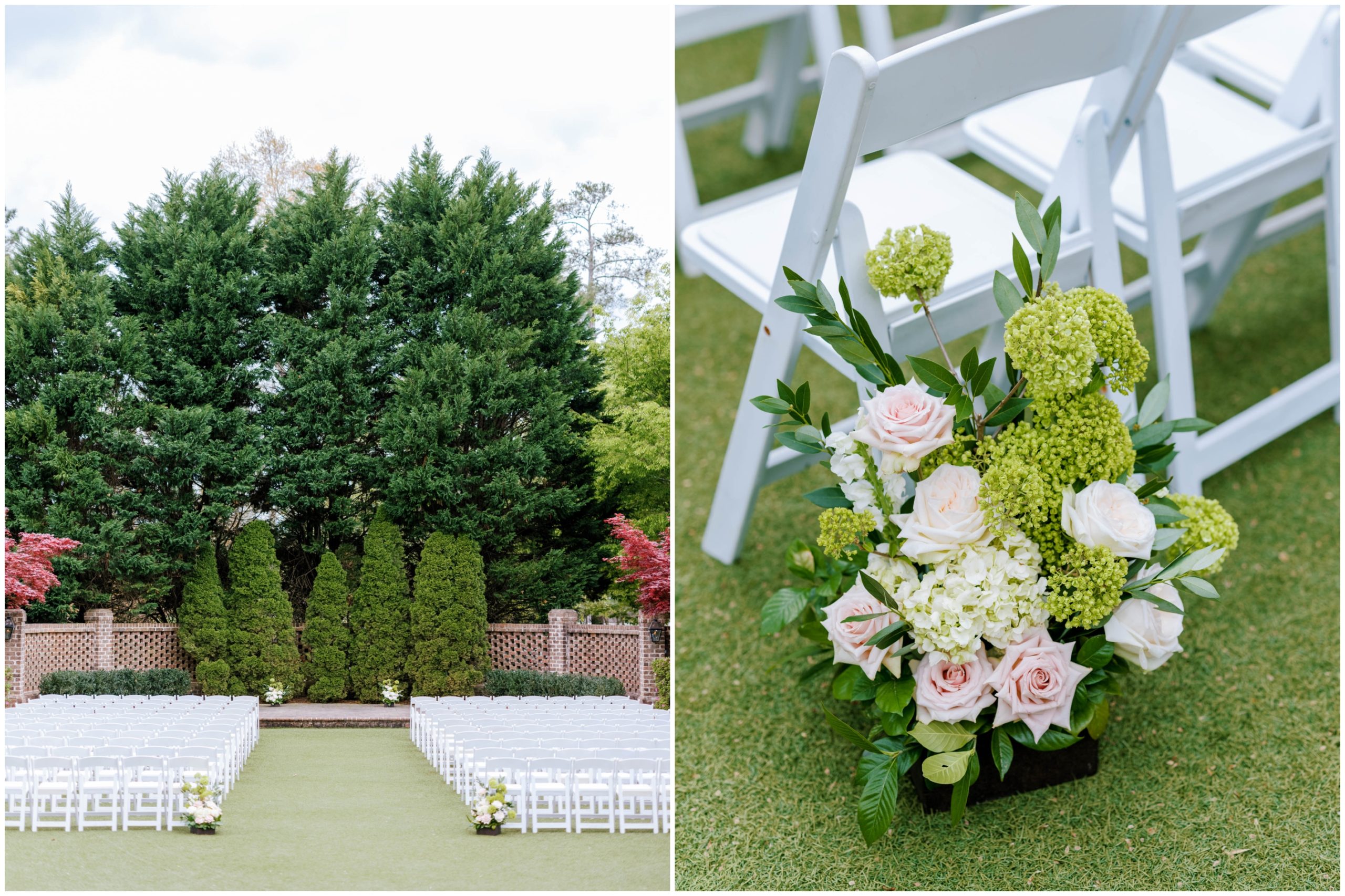 White chairs and blush and ivory florals for a spring outdoor wedding ceremony