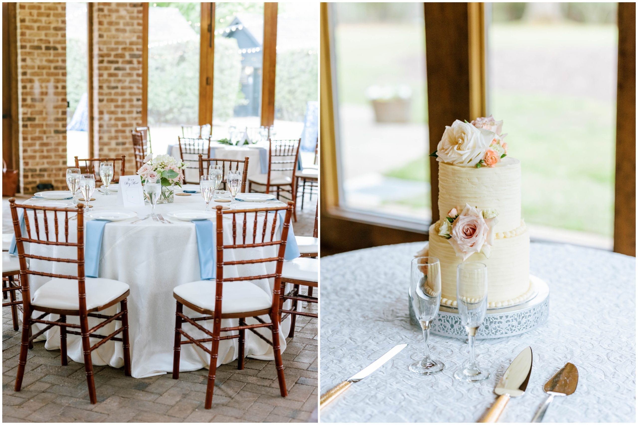 White lace tablecloths, blush florals, and blue cloth napkins for a spring wedding reception