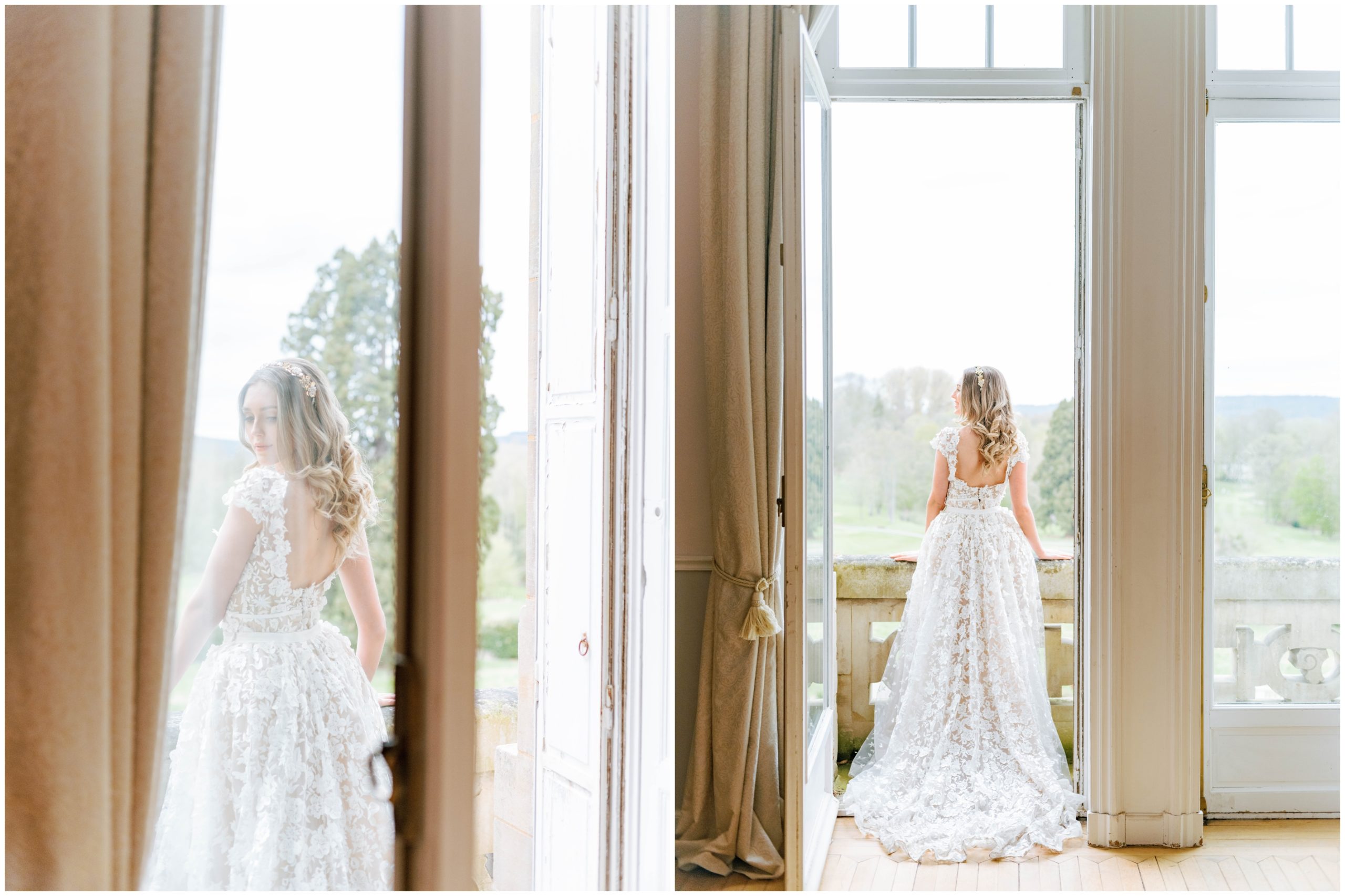 Bride in an off-the-shoulder wedding gown with 3D floral details