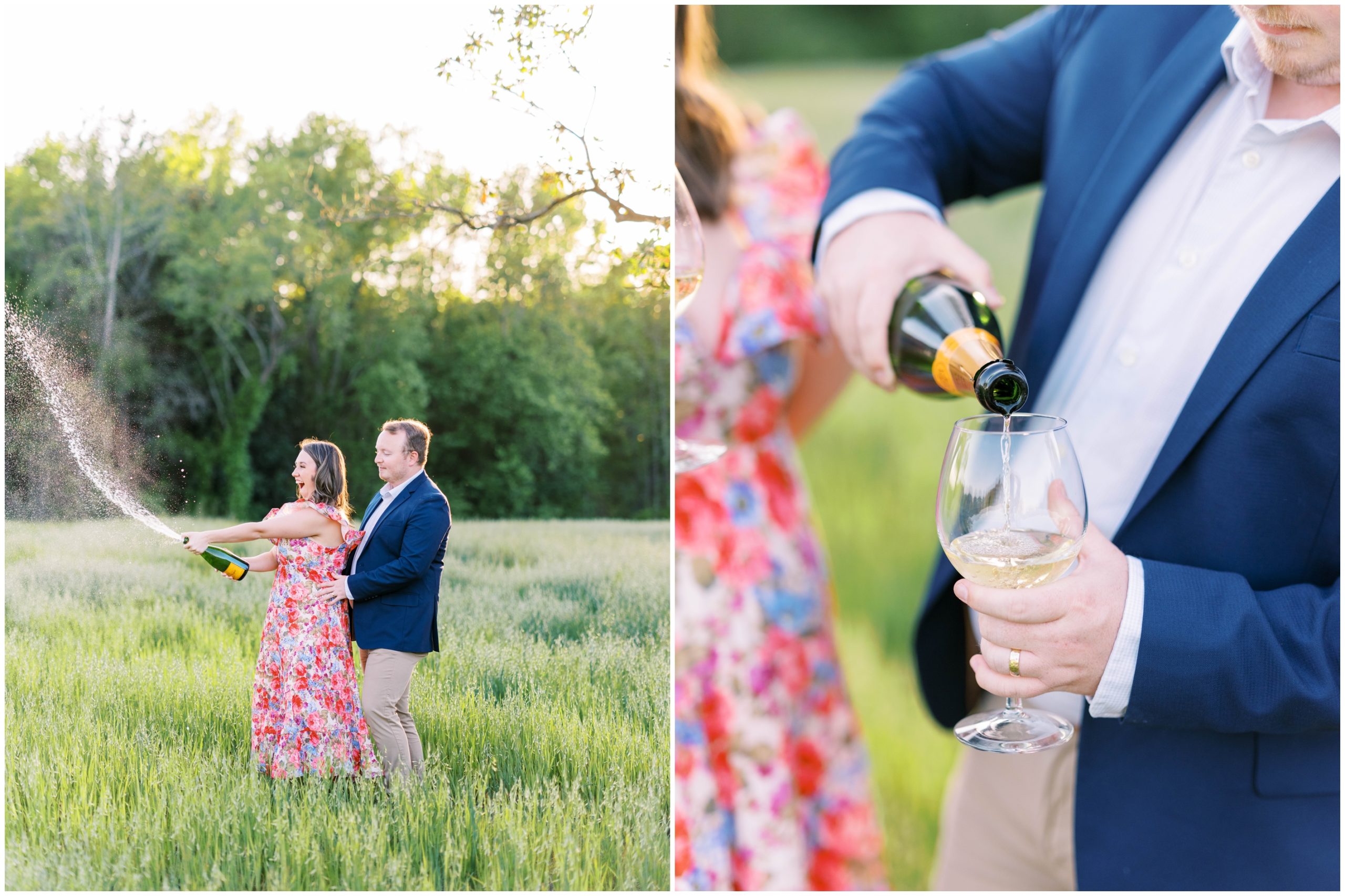 A couple popping a bottle of champagne during their engagement session