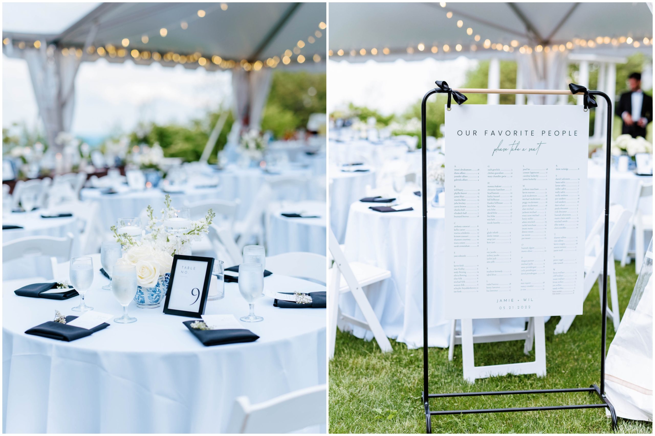 Hanging baby's breath arrangements, white table linens, and blue-and-white pottery centerpieces for a spring tented wedding reception