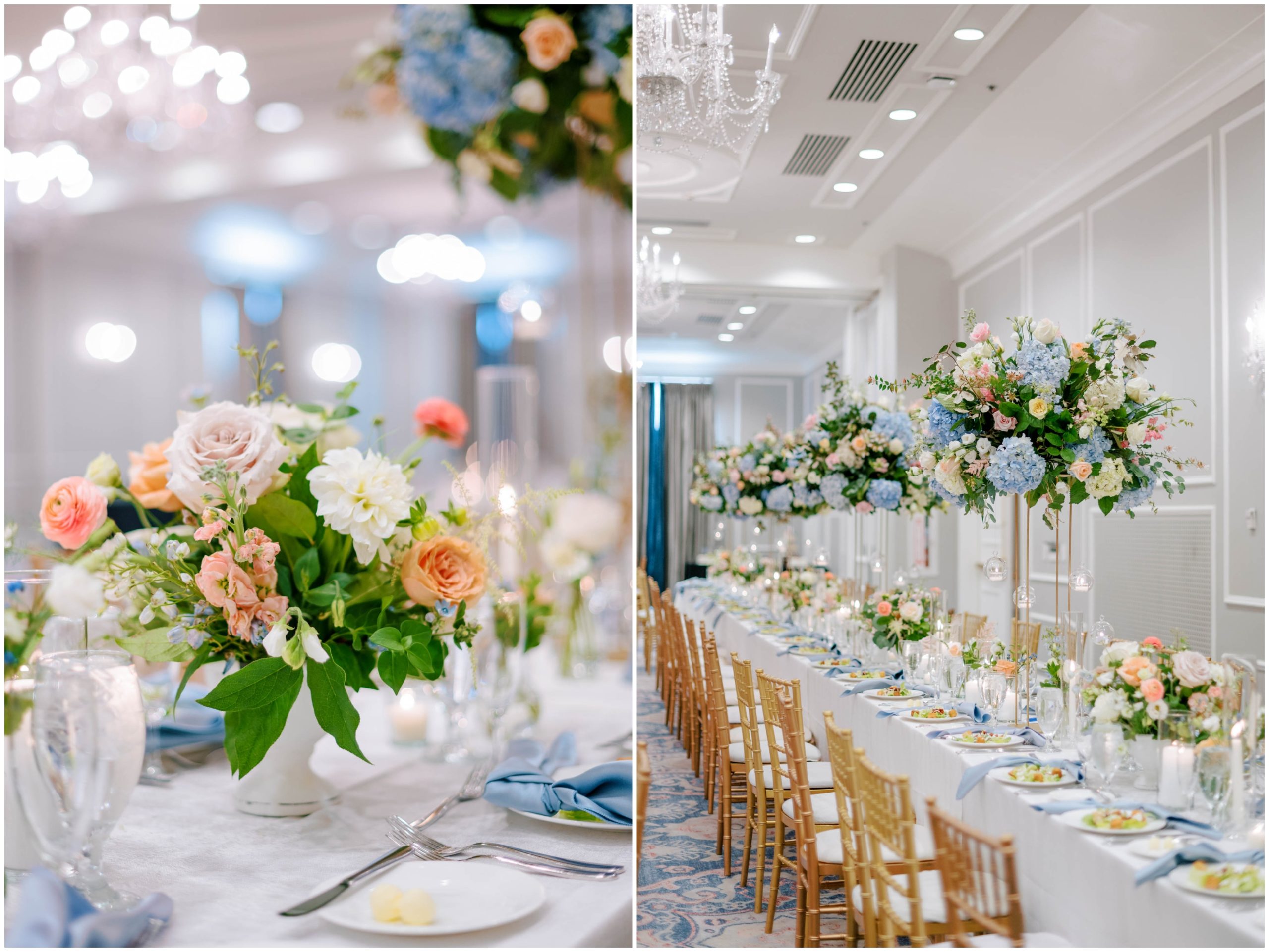 Gold Chiavari chairs, white table linens, pink and blue florals, and white pillar candles for a summer pastel wedding reception