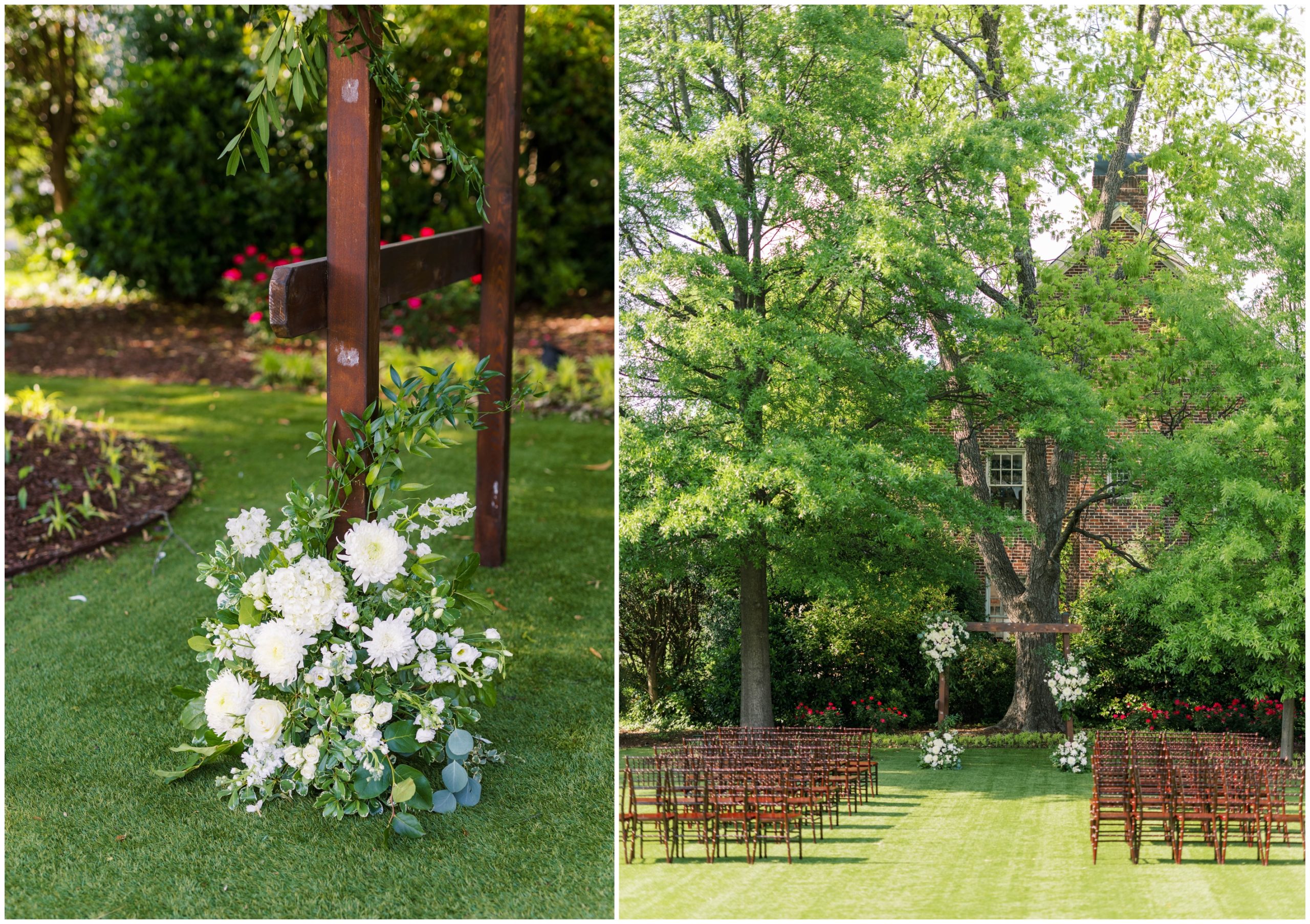 A wooden arch, red chairs, and blush-and-white floral arrangements for a spring outdoor wedding ceremony