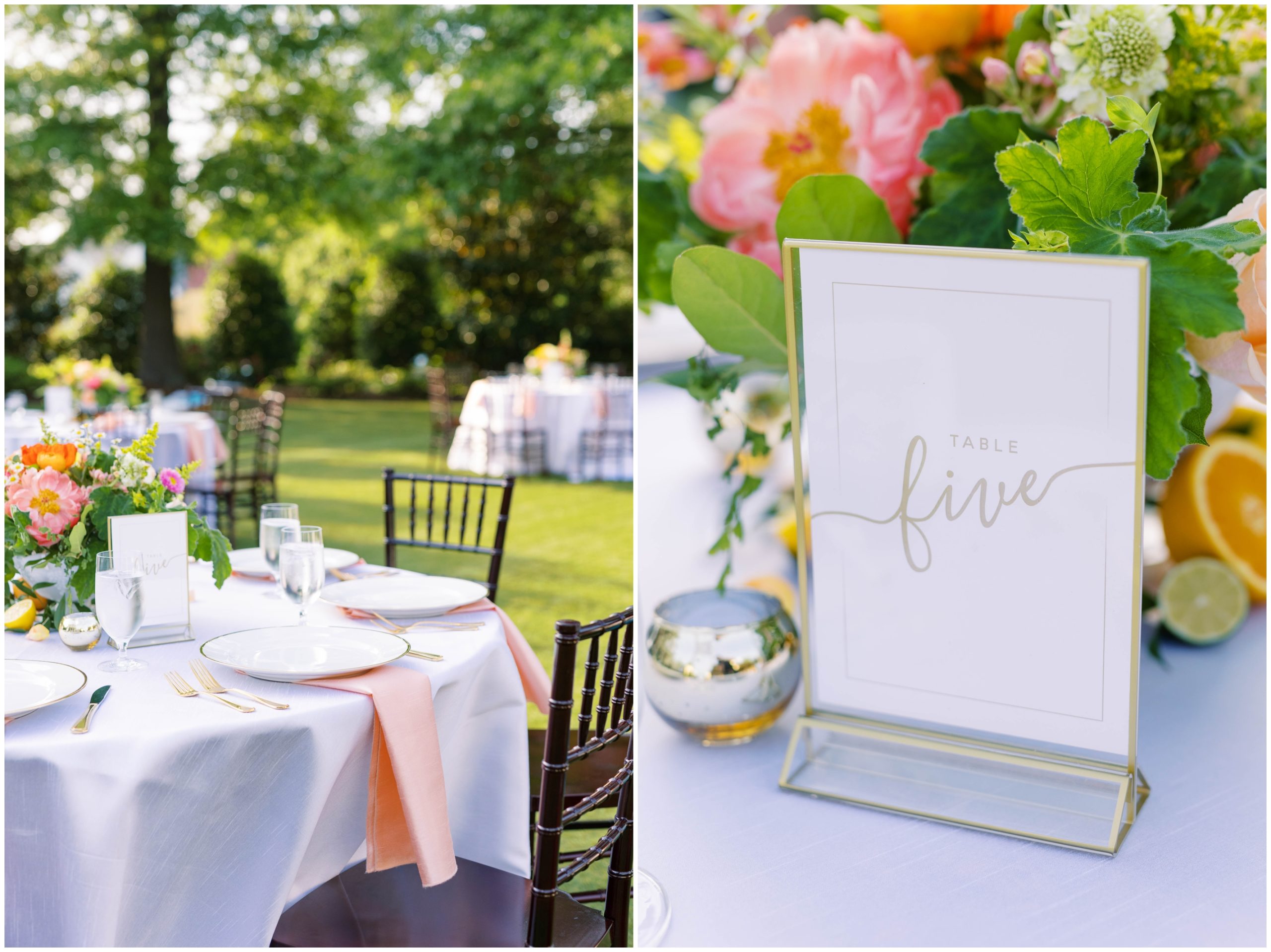 Pink satin linens, gold cutlery, and citrus fruits for a spring reception tablescape