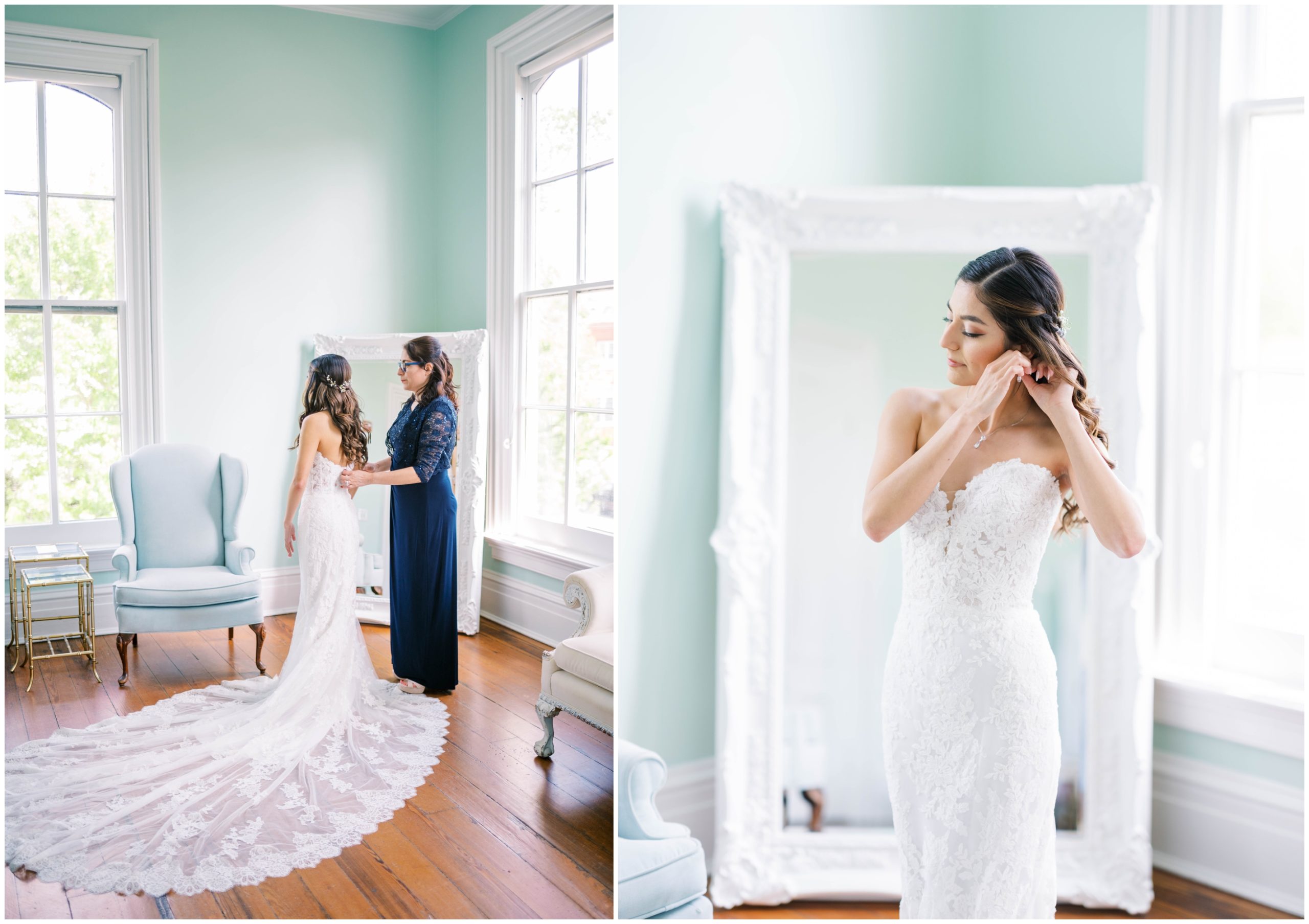 Bride in a strapless wedding gown with a sweetheart neckline and a lace chapel train