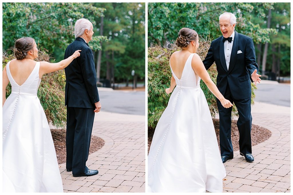 dad and bride sharing a first look at the chapel hill country club