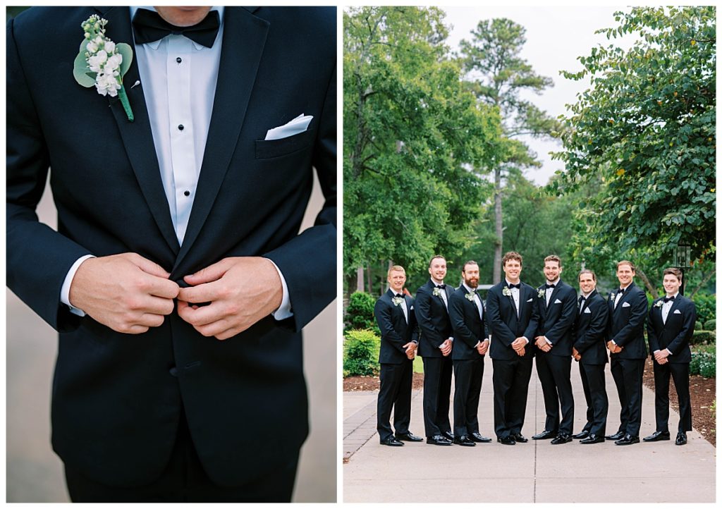 groomsmen in black tuxedos at the chapel hill country club