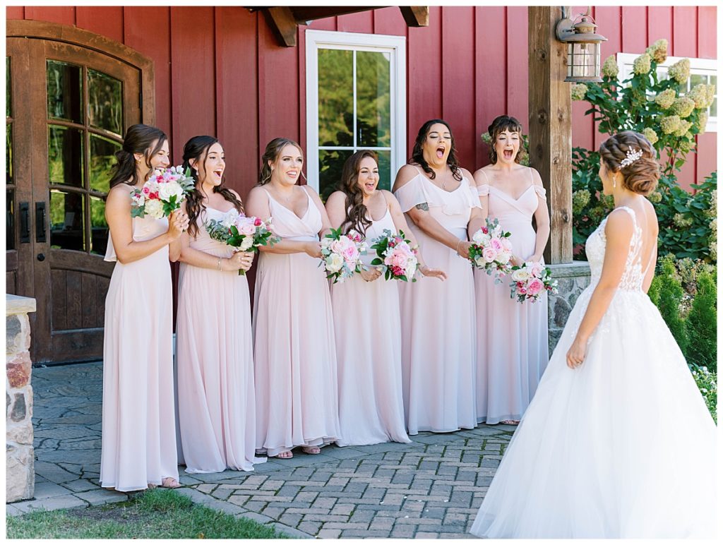 bridesmaids wowed at the sigh of bride at Pavillion of Carriage Farm