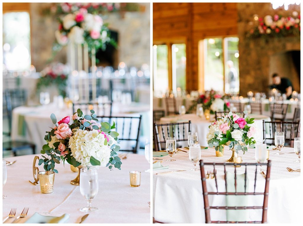beautiful table with pink cream and white florals for wedding reception at The Pavillion of Carriage Farm