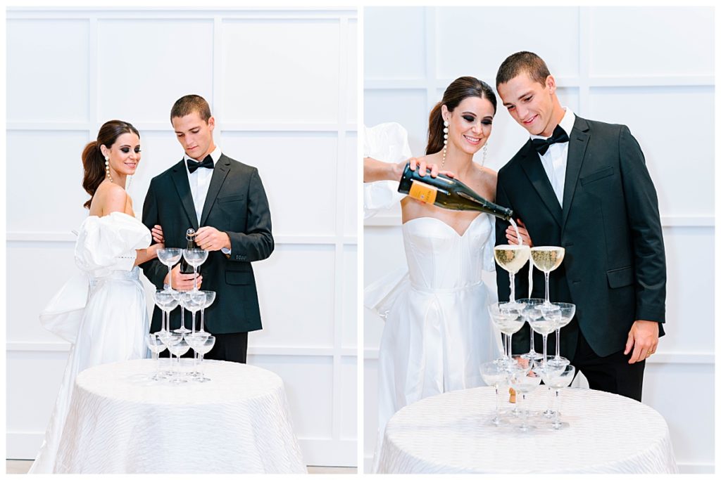 Bride and groom pouring champagne at the Distillery in North Carolina