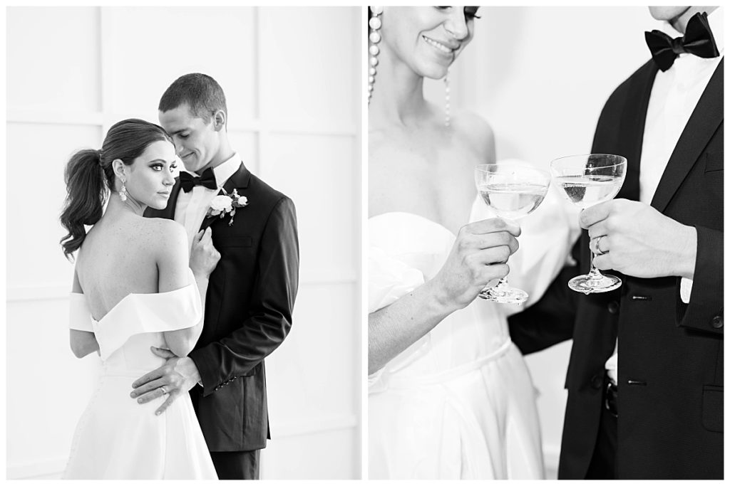 Bride and groom toasting glasses at the Distillery in North Carolina