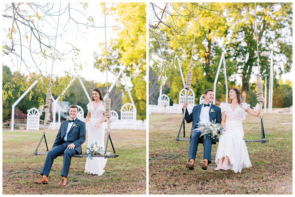 BRIDE AND GROOM ON SWINGS AT THE WALNUT HILL
