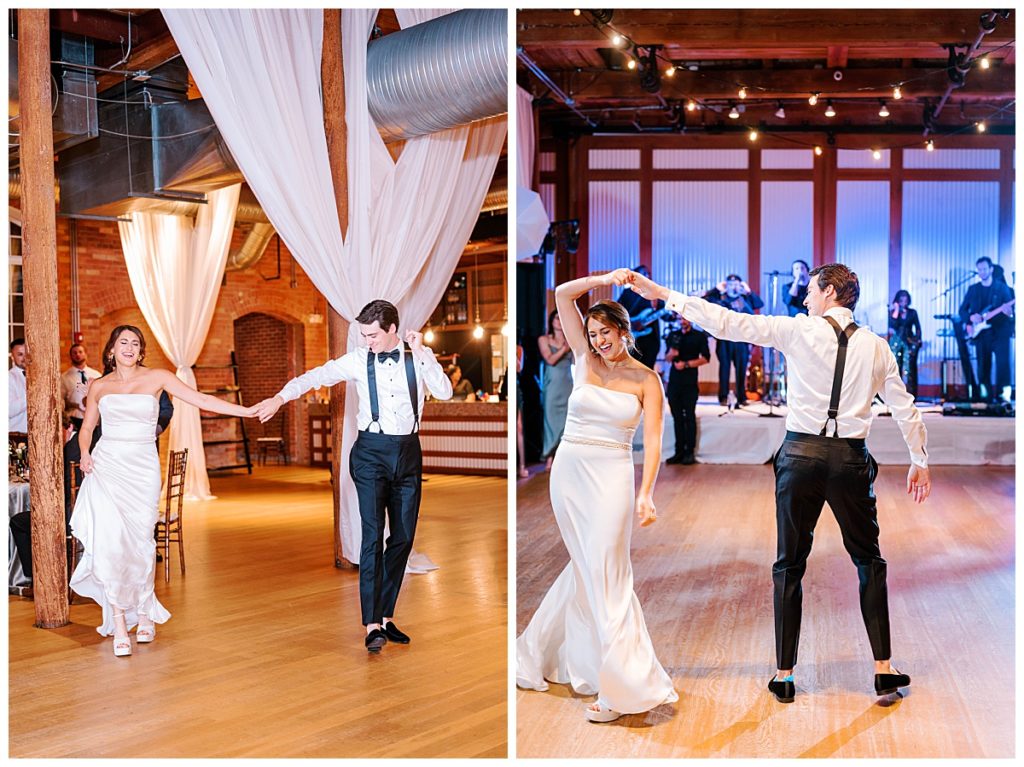 bride and groom choreographed first dance at the cotton room