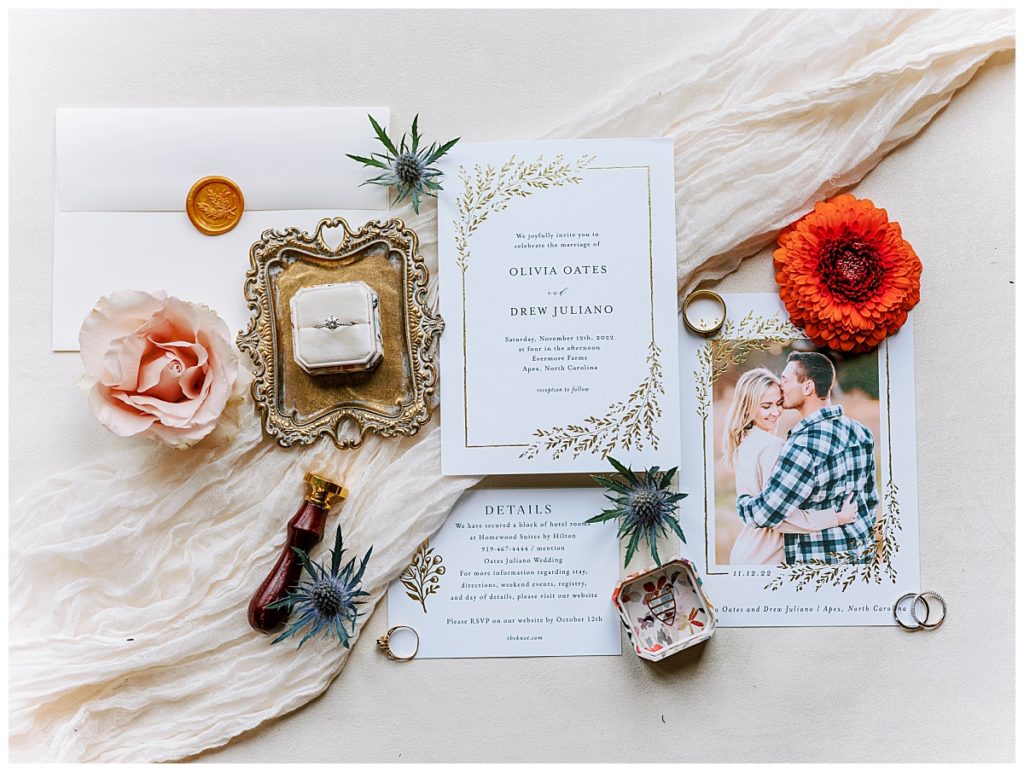 Wedding flat lay at the evermore farms