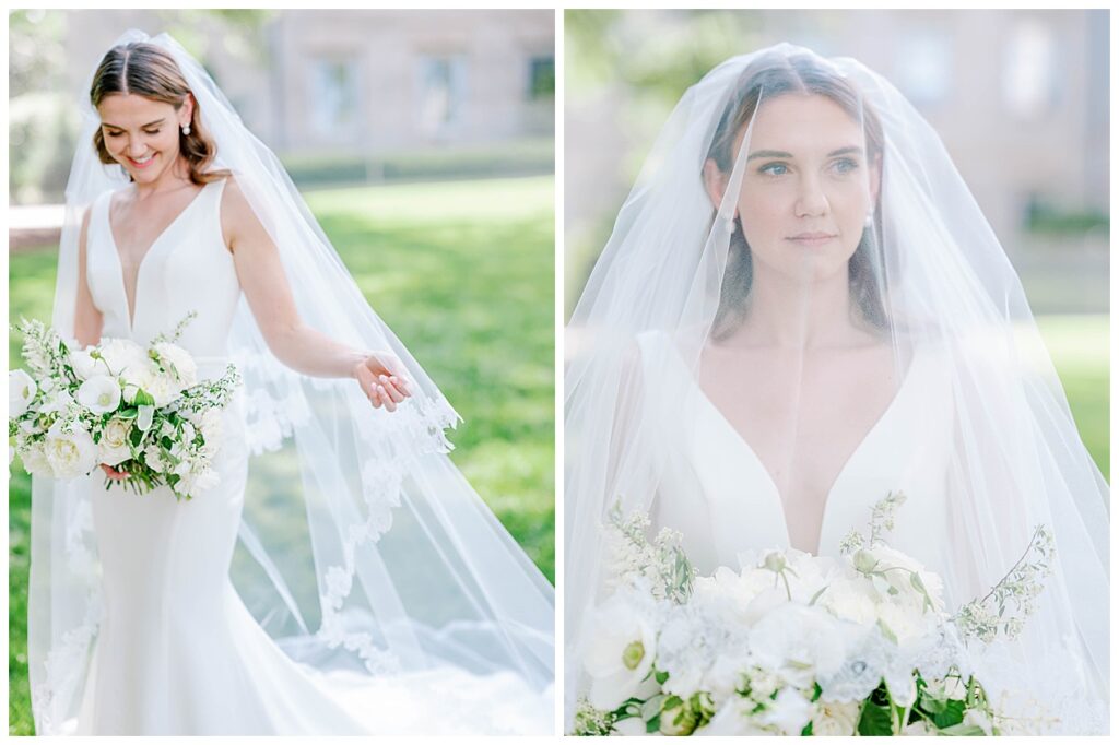 Bridal Portraits downtown Raleigh, all white bouquet, catherdral length veil with a blusher