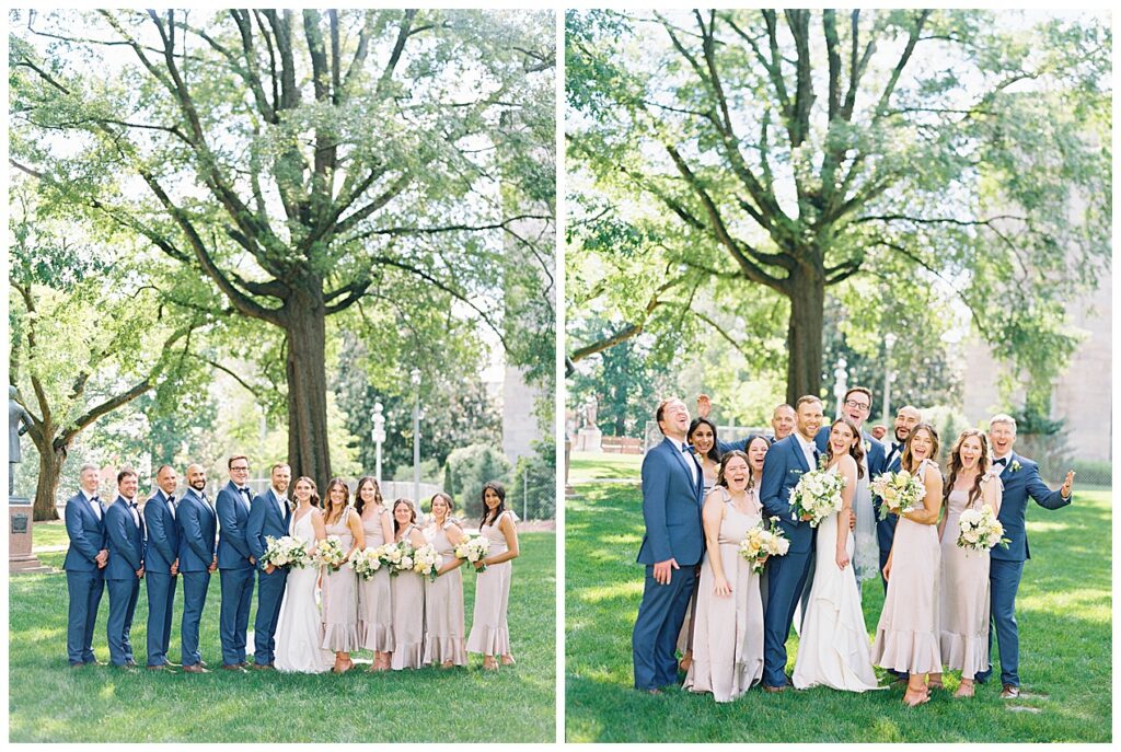 Navy blue suits, champagne bridesmaids dresses with pop of color in floral wedding party in Downtown Raleigh North Carolina