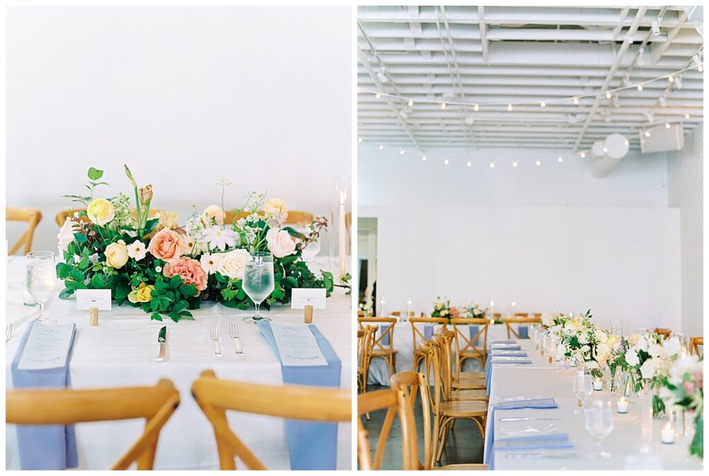Junction West Wedding Reception colorful spring florals by Once Gathered in Downtown Raleigh