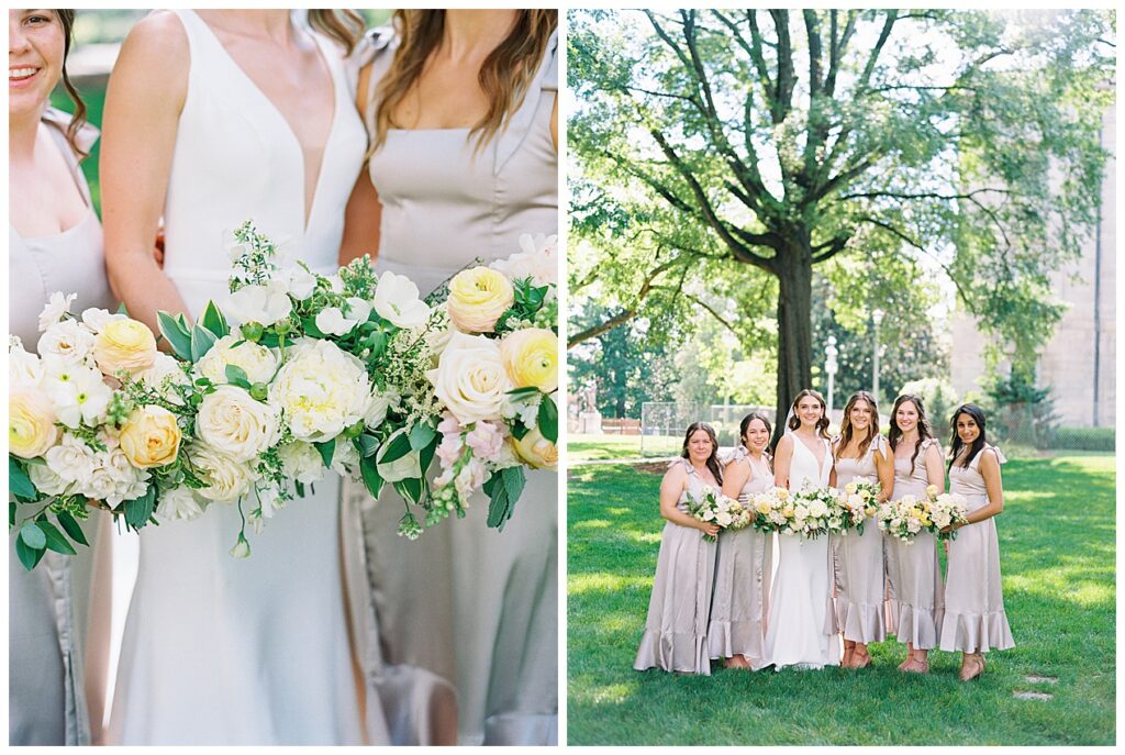 Bridesmaids in champagne dresses 
with pops of color florals on film wedding photography in Downtown Raleigh North Carolina
