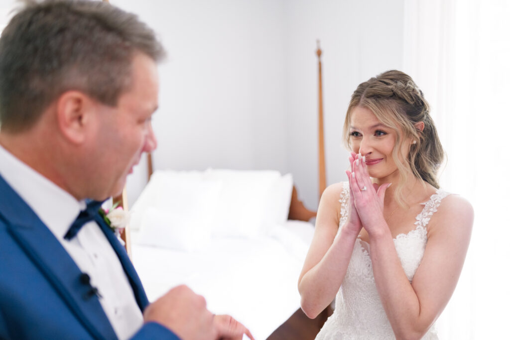 Bride in tears during private father and daughter first look at Rose Hill Estate