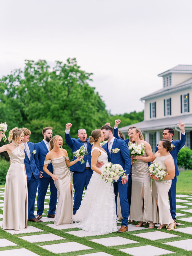 Beige cream bridesmaids and navy blue groomsmen for wedding party attire in Raleigh, NC
